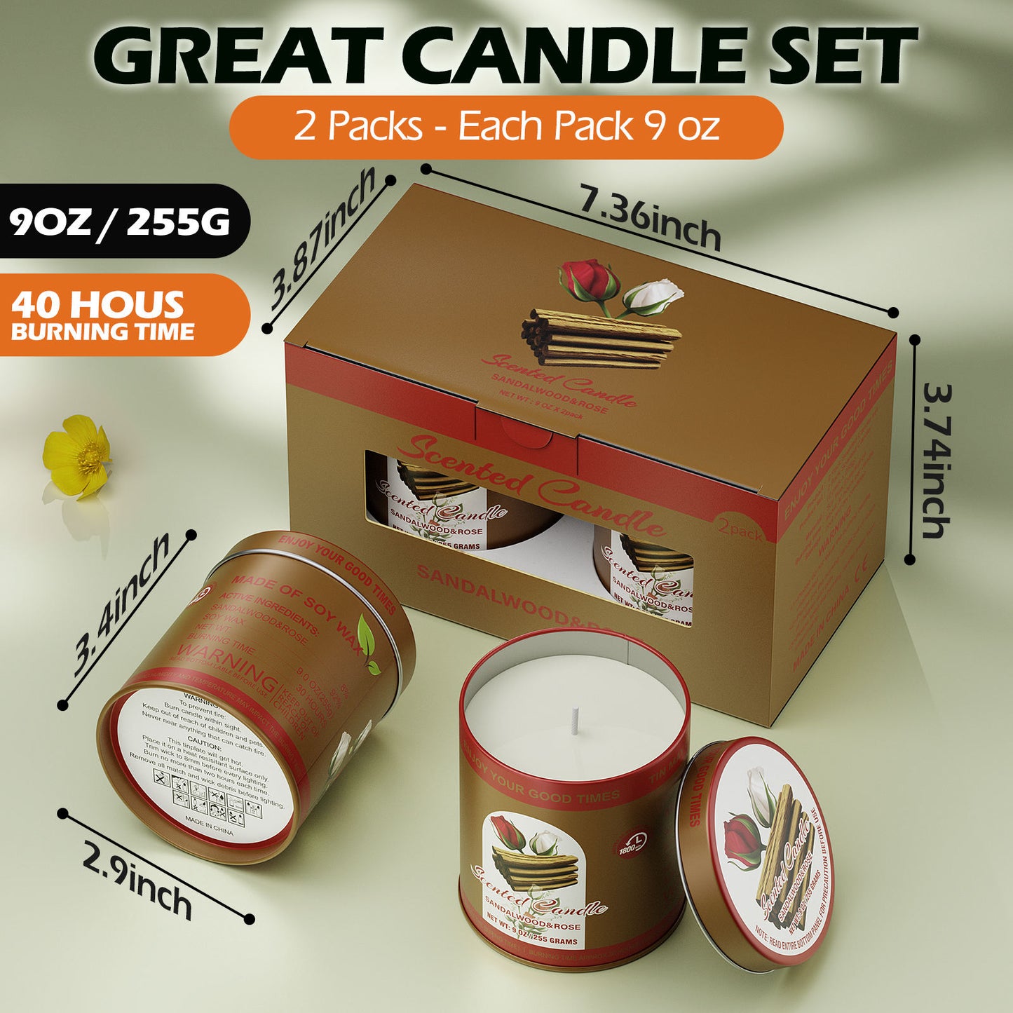 ROSE Scented Candle Set 2Pack 80H Burn Time & Candle Gift Set Women&Men
